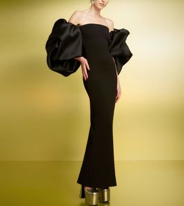 Robes de soirée élégantes en crêpe noir à manches longues avec manches bouffantes/gaine fendue en satin sans bretelles plissées fermeture éclair au dos longueur cheville robe de bal robes de soirée pour femmes