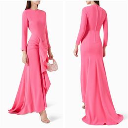 Élégants robes de soirée roses à manches longues à manches longues avec volants musulmanes asymétrique de balayage zipper de bal robes de bal robes de fête pour femmes