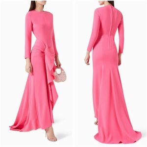 Elegante crêpe roze avondjurken met lange mouwen met ruches zeemeermin moslim asymmetrische sweep trein ritssluiting back prom jurken feestjurken voor vrouwen