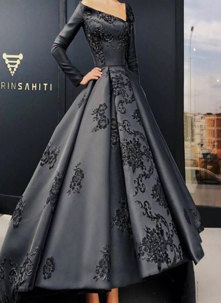 Robe de soirée élégante à manches longues, col en V unique, broderie appliquée, robes de bal haut-bas en satin, sur mesure, robes de soirée formelles en Arabie saoudite8648039