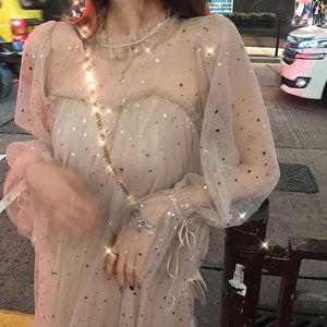 Elegante lange mouwen fee jurk sexy mesh vrouwen zomer pailletten Koreaanse dame feest avondkleding 210604