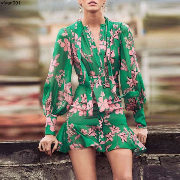 Élégant à manches longues vert Floral pour l'automne Designer Mini femme robe en mousseline de soie