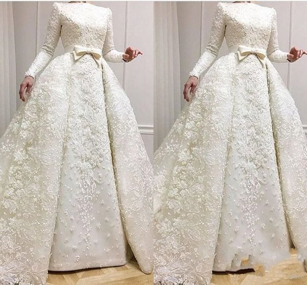 Elegantes vestidos de novia musulmanes de encaje de manga larga Una línea de apliques de talla grande con lazo Vestidos de novia de novia Vestido De Novia Vestidos de novia 3794