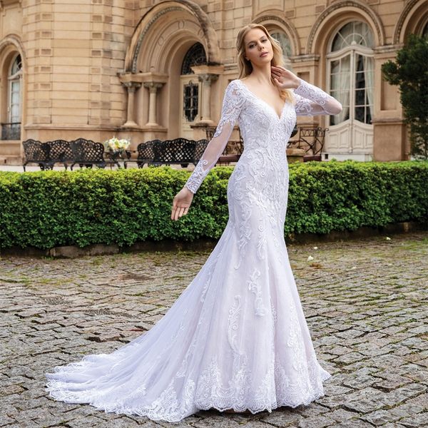 Vestidos de novia elegantes de manga larga con cuello en V y encaje, sirena, tul blanco, botones en la espalda, tren de barrido, Vestidos de Novia Abendkleider, vestidos de novia para mujer