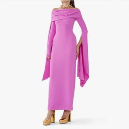 Elegante roze crêpe -avondjurken met lange mouwen met spleethulde geplooide enkellengte ritssluiting terug prom jurken geplooid voor vrouwen