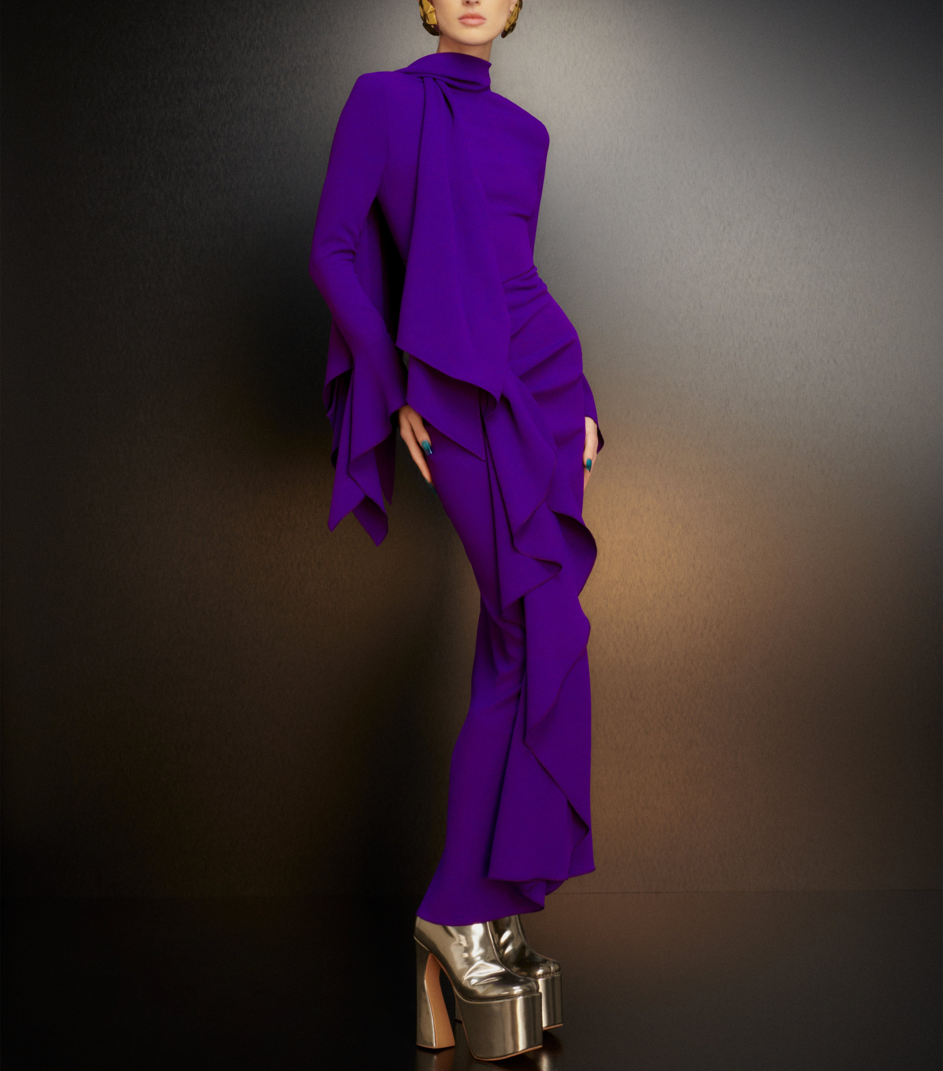 Elegant Long Sleeve Purple Crepe Evening Dresses With Ruffles/Slit Sheath High Neck Pleated Ankle Length Zipper Back Prom Dress Party Dresses for Women