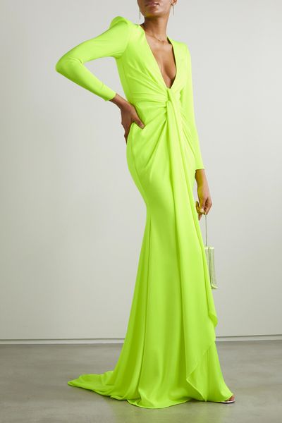 Robes de soirée élégantes à manches longues en satin vert col en V avec ruban sur le devant sirène rose plissée balayage train robe de bal robes de soirée pour les femmes