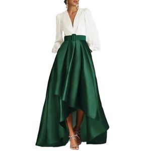 Elegante V-hals met lange mouwen Satin Mother of the Bride Dresses A-Line Green Asymmetrische lengte meter jurken formele feestjurk vrouwen jurken