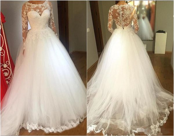 Robe de mariée élégante à manches longues en tulle blanc avec des appliques de dentelle bijou cou voir si les robes de mariée vintage pour les femmes