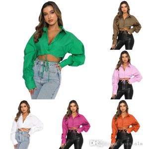 Camisa elegante de manga larga para mujer, cárdigan de Color sólido, blusa de vendaje, blusa con solapa de un solo pecho, Tops cortos de moda de ocio urbano