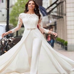 Elegante lange mouwen kant 2022 trouwjurken jumpsuit chiffon applique ruches sweep trein bruiloft jurken robe de marieee316oo