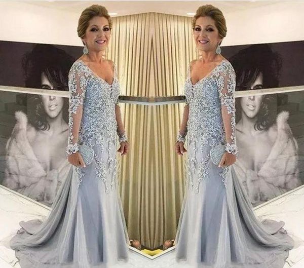 Elegantes mangas largas Vestidos para la madre de la novia 2019 Cuello en V Novio formal Madrina Fiesta de bodas por la noche Invitados Vestido de talla grande por encargo