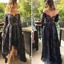 Elegante lange mouwen Navy Blue Kant Moeder van de Prom Dresses Off Shoulder A Line High Low Evening Pageant Party-jurken