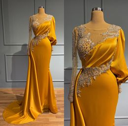 Elegante lange mouwen satijnen zeemeermin avondjurken pure bemanning nek kralen stenen ruches sweep trein prom jurken vrouwen formele ocn vestidos bc15825 0517