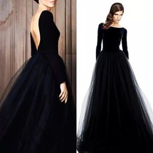 Elegante lange mouwen fluweel avondje kleding sexy backless zwarte prom feestjurk batau nek tule rok lange formele jurken slijtage309c