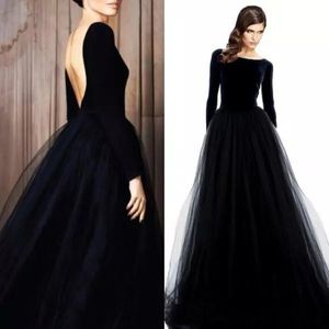 Elegante lange mouwen fluweel avondje kleding sexy backless zwarte prom feestjurk batau nek tule rok lange formele jurken dragen 270W