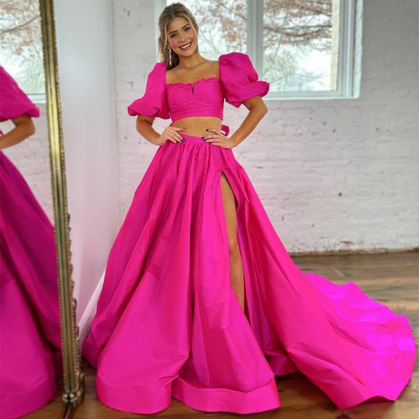 Elegantes vestidos de fiesta fucsia con cuello cuadrado largo y abertura/bolsillos Vestido de fiesta con tren de barrido de tafetán de una línea Vestidos de noche formales maxi para mujer