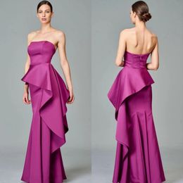 Elegantes vestidos largos sin tirantes de color púrpura para madre de la novia, satén de sirena, con volantes, hasta el suelo, vestidos de madrina, vestido de fiesta formal, vestidos de mujer