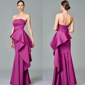 Elegante lange strapless paarse moeder van de bruidjurken zeemeermin satijn gegolfde vloerlengte meterjurken formele feestjurk damesjurken