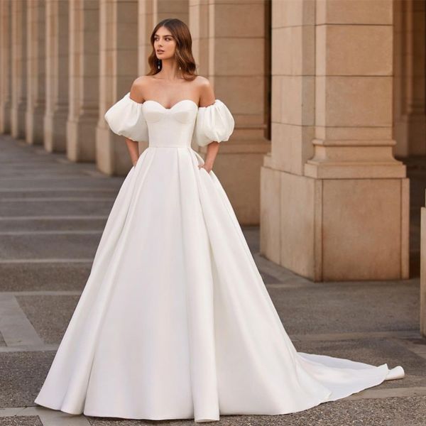 Elegantes vestidos de novia de satén de novia larga con la cremallera de tren de marfil de marfil de marfilas con la cremallera de novia simples con bolsillos para mujeres