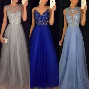 Elegante lange tule prom jurken voor vrouwen appliques kant kralen pailletten koningsblauw formele avondjurken 2021 een lijn speciale gelegenheid jurk