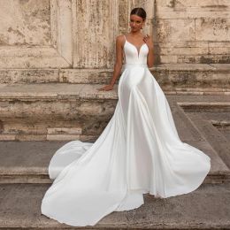 Robe de mariée longue en Satin, élégante, col en V, grande taille, sans manches, avec nœud, ligne A, traîne de balayage, robes de mariée pour femmes