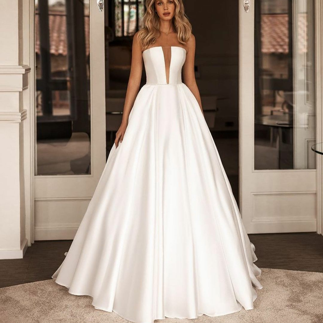 Elegant Long V-Neck Satin Wedding Dresses With Pockets A-Line Ivory Pleats Floor Length Bridal Gown Vestido de novia Women Dresses