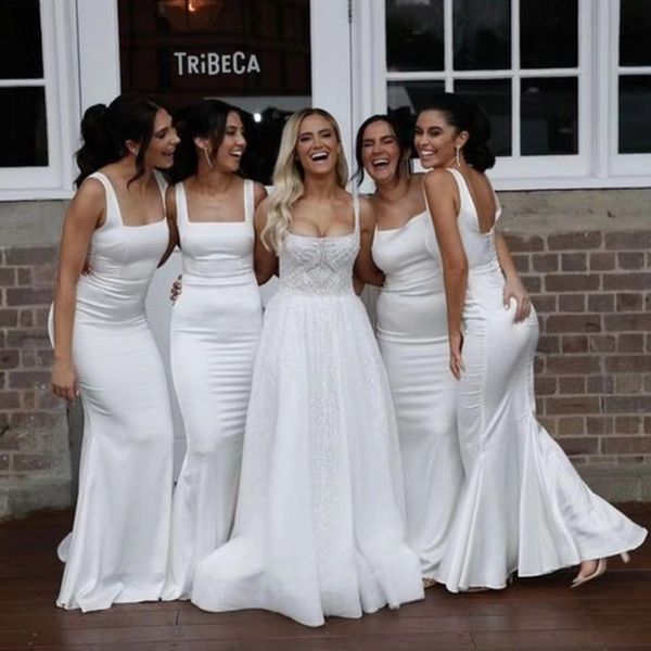Elegantes vestidos largos de dama de honor blancos, sirena, cuello cuadrado, sin mangas, vestido de fiesta formal, tren de barrido, vestidos de invitados de boda para mujeres