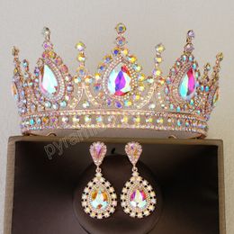 Elegante Luxe Water Drop Crystal Tiara Kroon Vrouwen Partij Sieraden Bruids Gouden Kroon Oorbellen Bruiloft Haar Accessoires Set