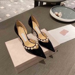 Elegante luxe dames sandaalschoenen Hoge hakken Pumps aurelie 65 mm hakken Patent leer puntig punt Pearl decoratie dames enkele dame's schoen