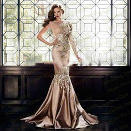 Élégant luxe Zuhair Murad Robes du soir Portez dubai une épaule à manches longues en cristal Crystal Robes formelles musulmanes Gold Prom Dress 285g