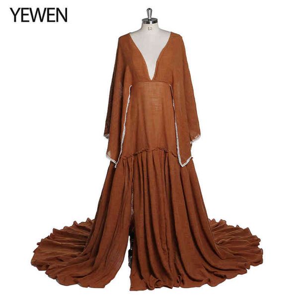 Robes de maternité élégantes pour Photoshoot manches longues évasées robe de grossesse fendue sur le côté robe Maxi en coton Yewen J220628