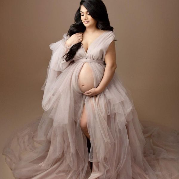 Elegante maternidad Wraps vestidos para Baby Shower cuello pico tul alta calidad maternidad vestido fotografía traje embarazo mujeres vestido largo