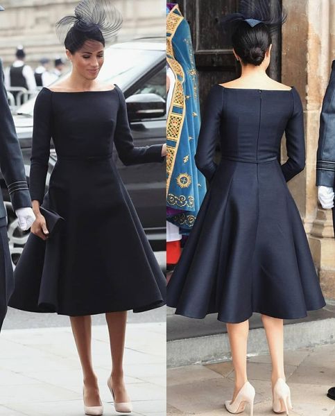 Elegant Meghan Markle Black A Line Mother of the Bride des Long Manches Bateau Bateau Vintage Thé Longueur Robes de soirée Femmes Femme Prom Wedding Party