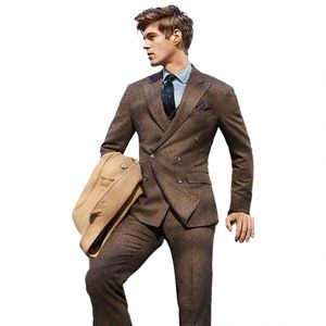 Costume élégant pour hommes Veste Pantalon Slim Casual Fi Design Laine Tweed Pantalon à double boutonnage Ensemble complet pour hommes U8yO #