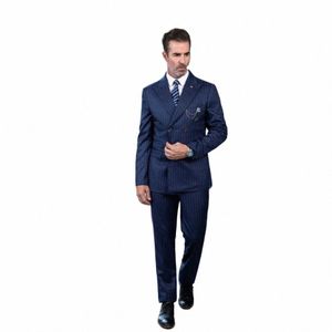 Trajes elegantes para hombres Patrón de rayas de doble botonadura Formal Ocn 2 piezas Chaqueta Pantalones Trajes casuales inteligentes de alta calidad c6yH #