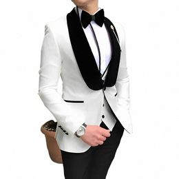 Costume blanc élégant pour hommes, costume 3 pièces, smoking de mariage, col Veet, veste, pantalon, gilet, nœud papillon, blazer de fête formel du marié, personnalisé i0Uz #