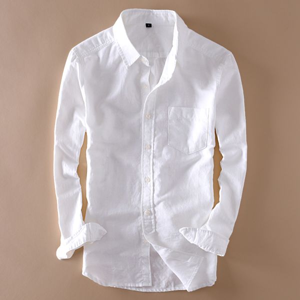 Camisa elegante de lino de manga larga para hombre, ropa ajustada con cuello vuelto, ropa fina holgada suave, camisas blancas clásicas, ropa de playa