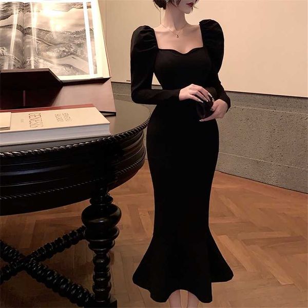 Élégant Sirène Noir Long Dres Coréen Vintage Gothique Robe De Soirée Automne Casual Hepburn Robe Mince 211221