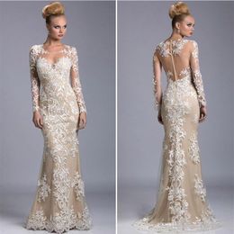 Elegante sirena Champagne Vestidos para madre de la novia Manga larga Apliques de encaje Vestidos de noche formales Hasta el suelo Invitado de boda 259Y