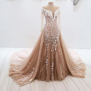 Elegante zeemeermin avondjurken pure nek lange mouwen appliques tule vloer lengte plus maat bruin ivoor formele prom jurken 192t