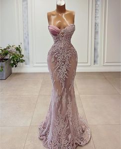 Robes de soirée élégantes sirène sans manches chérie 3D dentelle sexy perles appliques paillettes creux étage longueur célébrité robes de bal formelles robes robe de soirée