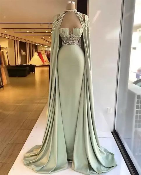 Elegantes vestidos de noche de sirena con capa desmontable, vestidos de fiesta formales con cuentas de cristal, vestidos de fiesta de talla grande hechos a medida, vestido de fiesta, bata de BC14868