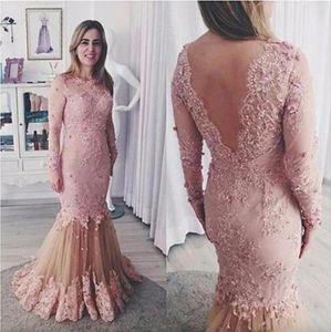 Élégante sirène rose dentelle robes de soirée pleine longueur sexy dos nu illusion à manches longues perlées femmes bal de promo porter des robes formelles