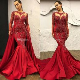 Elegante zeemeermin prom -jurken Detachable Train Beading Appliques Crystal Celebrity Avondjurken Satin Satin Long Sleeve Speciale gelegenheid jurk