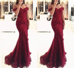 Elegante zeemeermin prom dresses off the shoulder kant applicaties lange avondjurken aangepaste grootte Bourgondië Formele slijtage