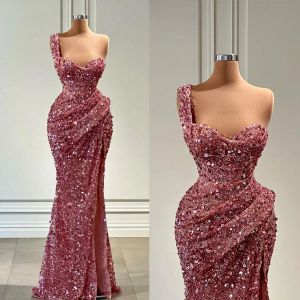 Elegante zeemeermin prom -jurken Sweetheart één schouder pailletten zijde verdeeld rugloze ritsvloer lengte plus maat op maat gemaakte glanzende feestjurk Vestido de noite