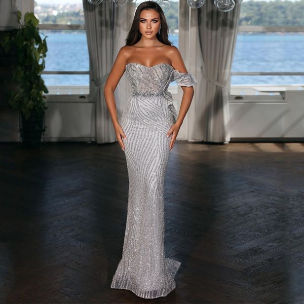 Elegante sirena plata vestidos de baile Sexy vestidos de fiesta de novia encaje de lentejuelas vestido de noche hecho a medida