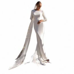 Élégante sirène mariage Dres femmes 2024 dentelle Lg manches Illusi dos blanc satin robe de mariée balayage train robes de Novia U5sP #