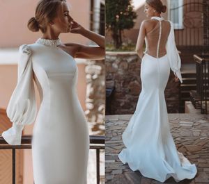 Élégant sirène robe de mariée 2023 o-cou une épaule manches bouffantes dos nu Satin robe de mariée sur mesure Vestidos de Novia